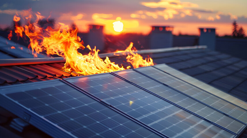 Blue solar panels burn on tile roof Blue solar panels burn on tile roof