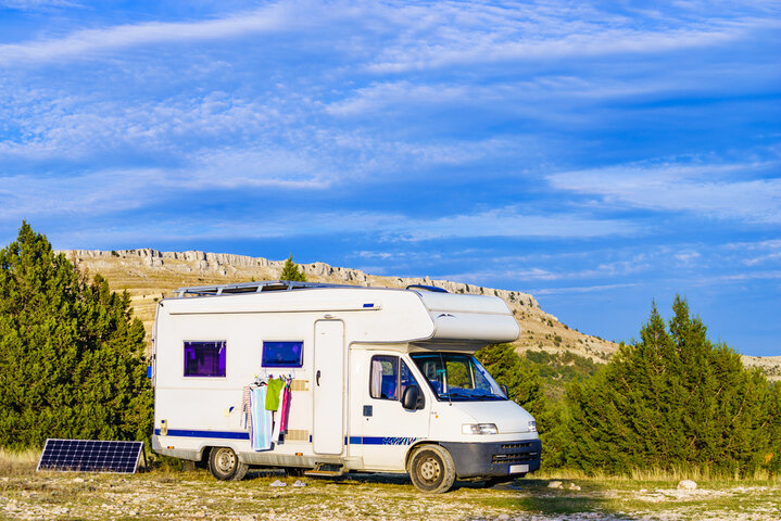 Laundry and solar panel at caravan