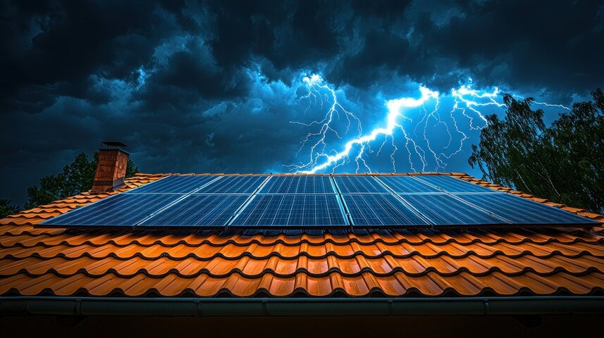 Solar panels on roof amid lightning storm