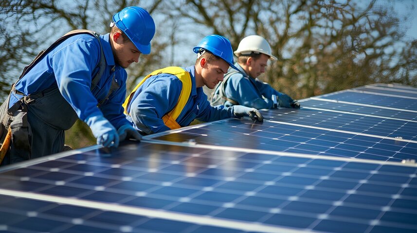 Workers assemble solar panels