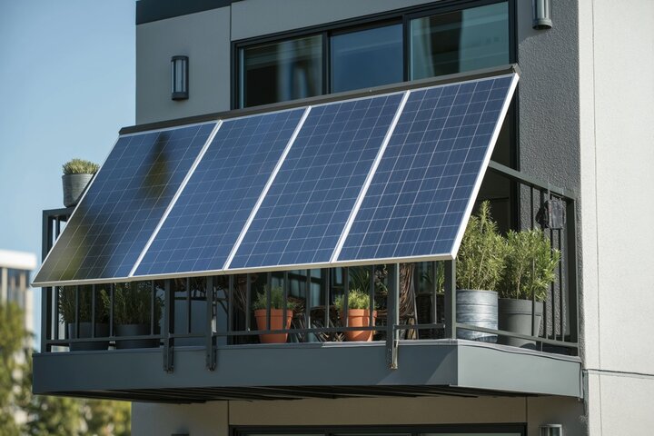 Apartment balcony with solar panels and greenery